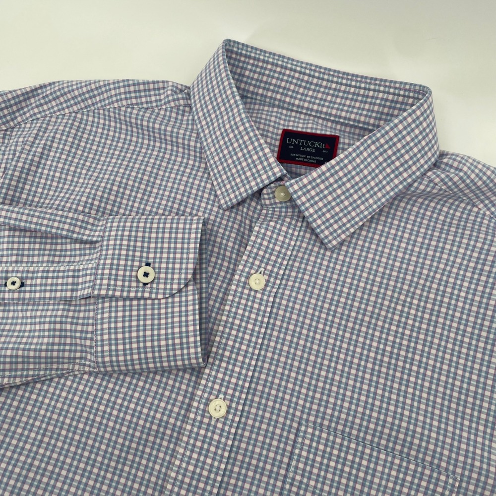 UNTUCKit Button Down Shirt Mens Large Pink Blue Dalton Micro Check Performance